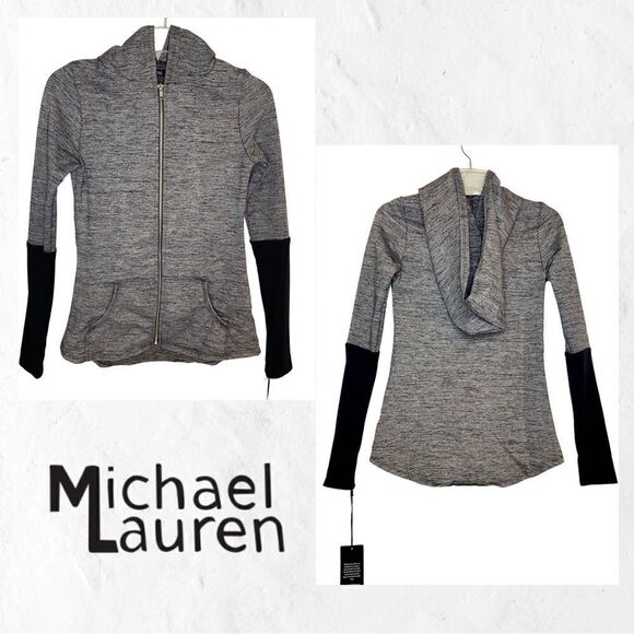 NWT Michael Lauren Heather Grey LS Full Zip Hooded Active Jacket with Thumbhole - Picture 1 of 14
